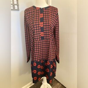 LOFT Red and Blue Long Sleeve Buttoned Dress